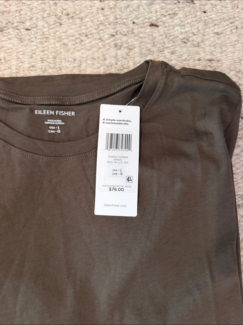 NWT Eileen Fisher Organic Pima Cotton Jersey l/s round neck tee- large - Picture 2 of 6
